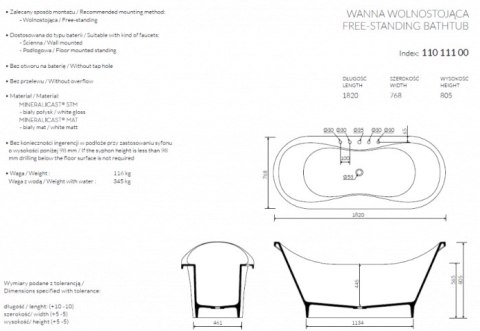 Sanitti UNO XL Wanna wolnostojąca bez przelewu biały mat 182x76,8cm 11011100 Sanitti UNO XL Wanna wolnostojąca bez przelewu biały mat 182x76,8cm 11011100