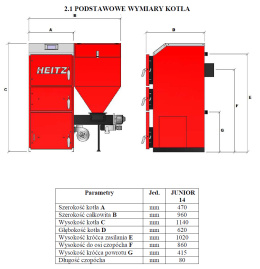 HEITZ JUNIOR STALOWY KOCIOŁ NA PALIWA STAŁE Z AUTOMATYCZNYM PODAWANIEM PALIWA, WĘGIEL EKO - GROSZEK O MOCY 14 kW