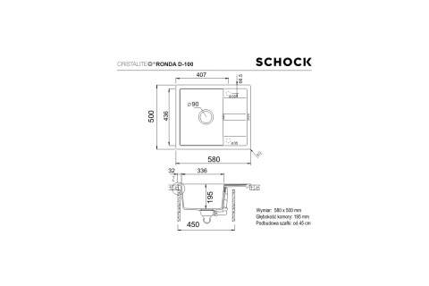 Schock RONDA D-100 CRISTALITE+ Zlewozmywak Granitowy 58x50cm Kolor Alpina Schock RONDA D-100 CRISTALITE+ Zlewozmywak Granitowy 58x50cm Kolor Alpina