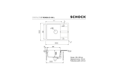 Schock RONDA D-100L CRISTALITE+ Zlewozmywak Granitowy 65x50cm Kolor Onyx Schock RONDA D-100L CRISTALITE+ Zlewozmywak Granitowy 65x50cm Kolor Onyx