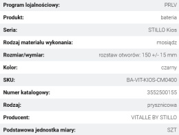 Vitalle STILLO Kios Bateria Prysznicowa Natynkowa 1-Uchwytowa 2-Otworowa Mosiężna Czarny Mat 3552500155