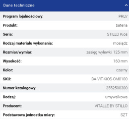 Vitalle STILLO Kios Bateria Umywalkowa Stojąca 1-Uchwytowa 1-Otworowa Bez Korka Mosiężna Zasięg Wylewki Czarna Mat 3552500300