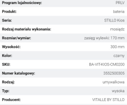 Vitalle STILLO Kios Bateria Umywalkowa Stojąca Wysoka 1-Uchwytowa 1-Otworowa Bez Korka Mosiężna Czarny Mat 3552500305