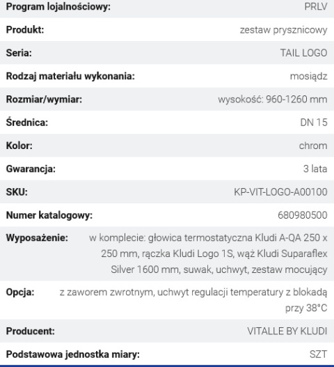 Z kodem LATO -7% !!! Vitalle TAIL LOGO Zestaw Prysznicowy Mosiężny Scienny Wysokość 960-1260 mm Chrom 680980500 Z kodem LATO -7% !!! Vitalle TAIL LOGO Zestaw Prysznicowy Mosiężny Scienny Wysokość 960-1260 mm Chrom 680980500