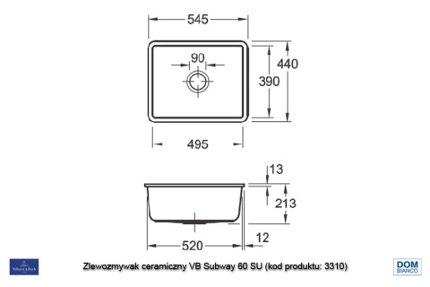 Villeroy & Boch Zlewozmywak SUBWAY 60SU MAN. snow white PREMIUMLINE, podblatowy VB-3310 01 KG Villeroy & Boch Zlewozmywak SUBWAY 60SU MAN. snow white PREMIUMLINE, podblatowy VB-3310 01 KG