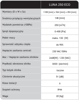 BERLÜF Centrala wentylacyjna z rekuperacją LUNA 250 ECO