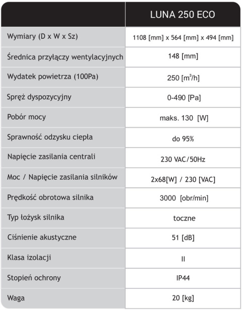 BERLÜF Centrala wentylacyjna z rekuperacją LUNA 250 ECO BERLÜF Centrala wentylacyjna z rekuperacją LUNA 250 ECO