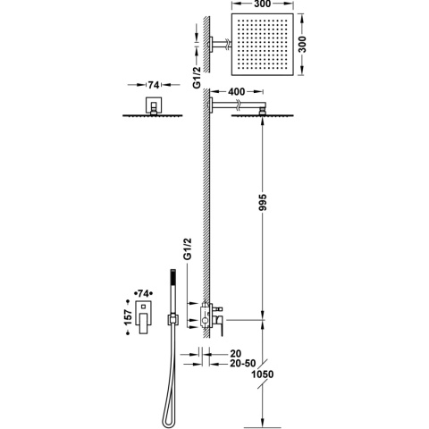 Tres Cuadro-Tres Zestaw natryskowy z baterią podtynkową 106980