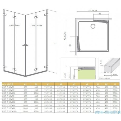 Radaway Arta KDD B drzwi prysznicowe 80 cm lewe do kabiny narożnej chrom+/szkło przezroczyste 386160-03-01L