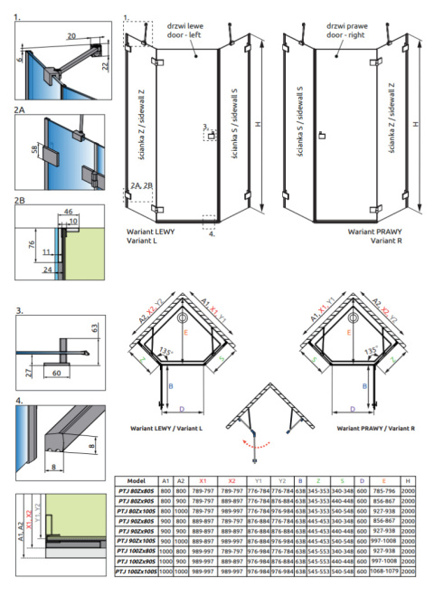 Radaway Essenza Pro Black PTJ kabina prysznicowa 90x100 cm lewa czarny mat/szkło przezroczyste 10100000-54-01L/10100700-01-01