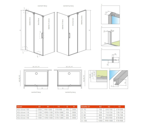 Radaway Espera KDJ drzwi jednoczęściowe 120 cm lewe ze ścianką chrom/szkło przezroczyste 380595-01L/380232-01L