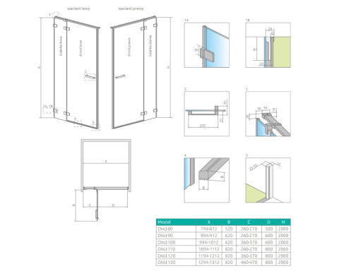 Radaway Euphoria DWJ drzwi wnękowe 120 cm lewe ze ścianką krótką chrom/szkło przezroczyste 383812-01L/383214-01L