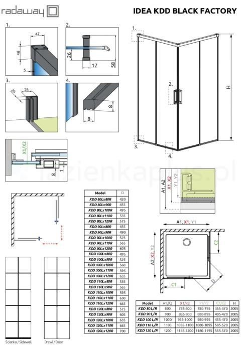 Radaway Idea Black KDD Factory drzwi prysznicowe 120 cm rozsuwane czarny mat/szkło przezroczyste 387064-54-55R