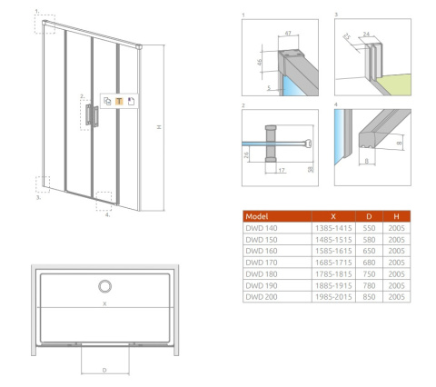 Radaway Idea DWD drzwi prysznicowe 180 cm wnękowe dwuskrzydłowe chrom/szkło przezroczyste 387128-01-01