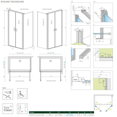 Radaway Nes 8 Black DWD+S drzwi prysznicowe 90 cm uchylne czarny mat/szkło przezroczyste 10081190-54-01