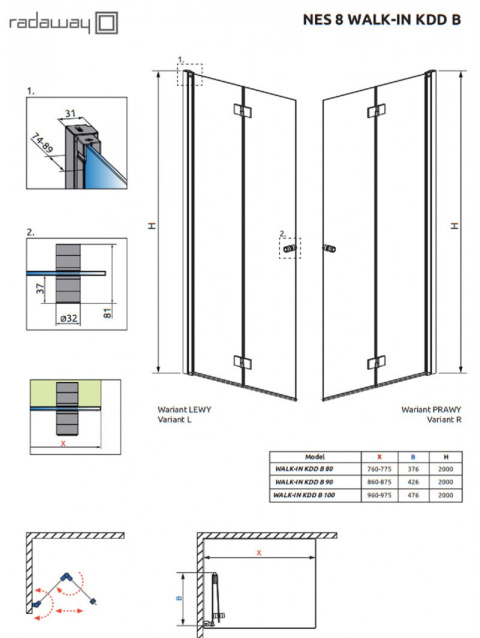 Radaway Nes Black 8 KDD-B kabina prysznicowa część lewa 100x100 cm kwadratowa 10074100-54-01L