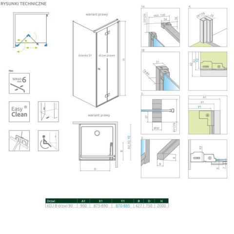 Radaway Nes Brushed Gold KDJ-B drzwi prysznicowe 90 cm składane złoty szczotkowany/szkło przezroczyste 10025090-99-01R