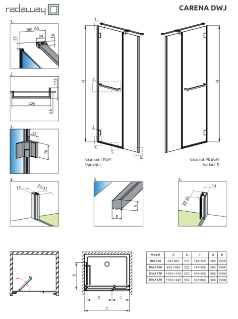 Radaway Carena DWJ drzwi prysznicowe 110 cm lewe chrom/szkło przezroczyste 134333-01-01NL