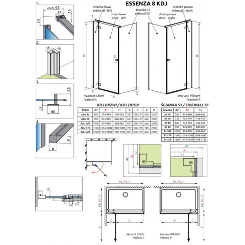 Radaway Essenza 8 KDJ ścianka prysznicowa 23,7 cm nikiel szczotkowany/szkło przezroczyste 10470237-91-01R