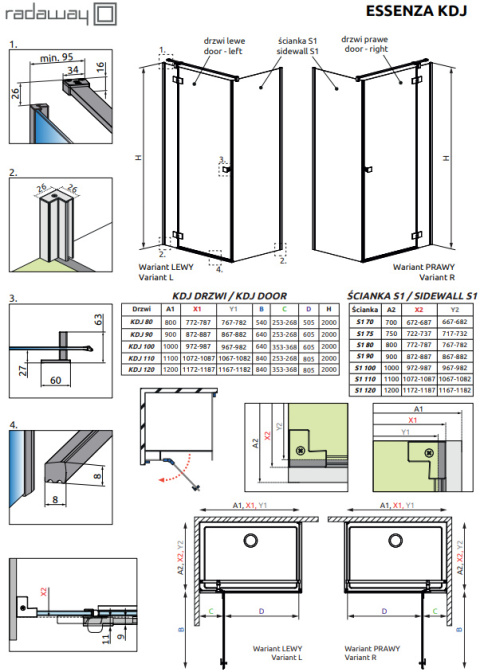 Radaway Essenza New Black KDJ drzwi prysznicowe 110 cm lewe czarny mat/szkło przezroczyste 1385041-54-01L