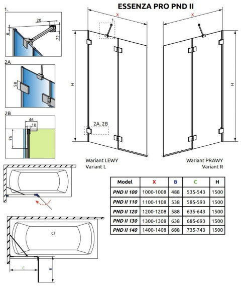 Radaway Essenza Pro Brushed Nickel PND II parawan nawannowy 100 cm lewy nikiel szczotkowany/szkło przezroczyste 10102100-91-01L