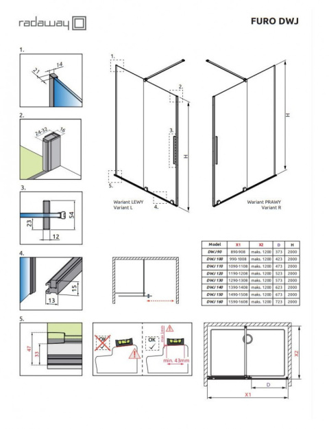 Radaway Furo Brushed Copper DWJ drzwi prysznicowe 67,2 cm rozsuwane miedź szczotkowany/szkło przezroczyste 10107672-93-01L