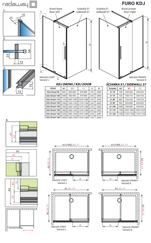 Radaway Furo KDJ drzwi prysznicowe 62,2 cm lewe złoty szczotkowany/szkło przezroczyste 10104622-99-01L
