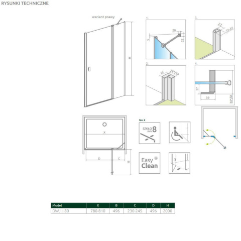 Radaway Nes 8 Black DWJ II drzwi prysznicowe 80 cm wnękowe prawe czarny mat/szkło przezroczyste 10083080-54-01R