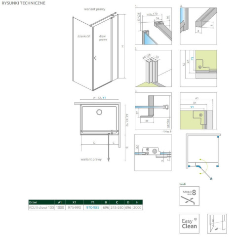 Radaway Nes 8 Black KDJ II drzwi prysznicowe 100 cm prawe czarny mat/szkło przezroczyste 10086100-54-01R