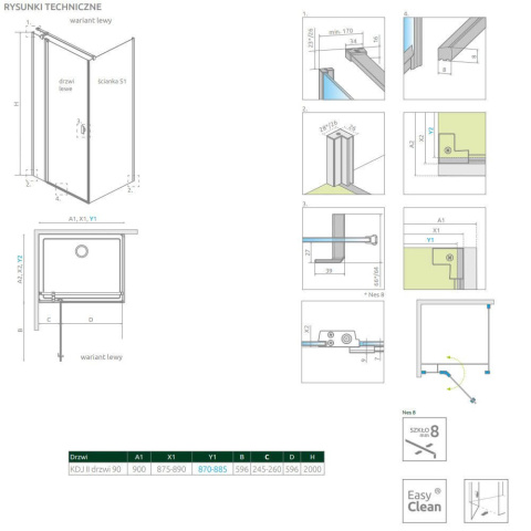 Radaway Nes 8 Black KDJ II drzwi prysznicowe 90 cm lewe czarny mat/szkło przezroczyste 10086090-54-01L