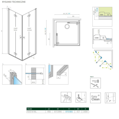 Radaway Nes 8 KDD-B kabina prysznicowa część lewa 90x90 cm kwadratowa 10074090-01-01L