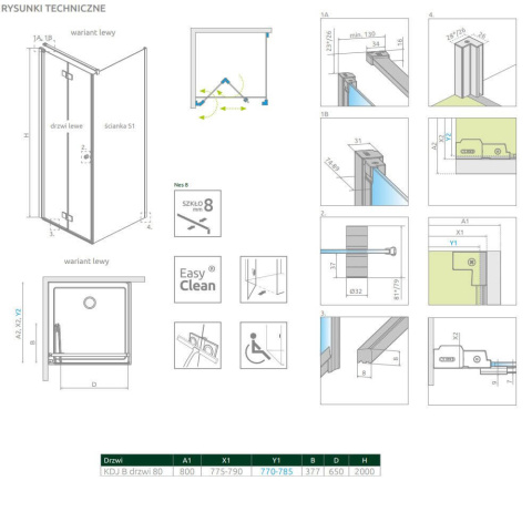 Radaway Nes 8 KDJ B drzwi prysznicowe 80 cm prawe chrom/szkło przezroczyste 10075080-01-01R