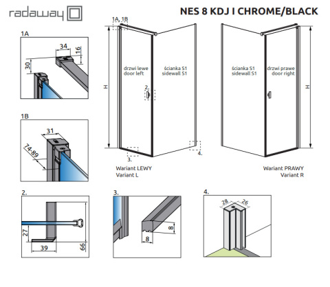 Radaway Nes 8 KDJ I drzwi prysznicowe 90 cm prawe czarny mat/szkło przezroczyste 10072090-54-01R