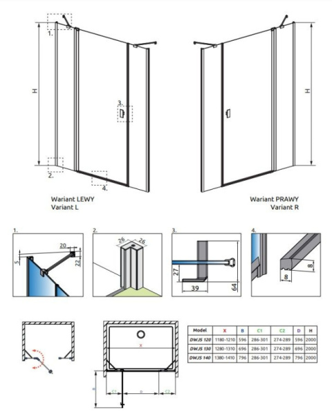 Radaway Nes Black DWJS drzwi prysznicowe 140 cm prawe czarny mat/szkło przezroczyste 10038140-54-01R