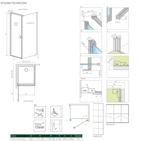 Radaway Nes Black KDJ I Factory drzwi prysznicowe 80 cm lewe czarny mat/szkło Factory 10022080-54-55L