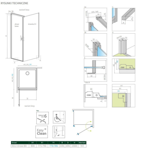 Radaway Nes Black KDJ I Frame drzwi prysznicowe 80 cm lewe czarny mat/szkło Frame 10022080-54-56L