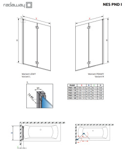 Radaway Nes PND I parawan nawannowy 120 cm prawy złoty szczotkowany/szkło przezroczyste 10010120-99-01R
