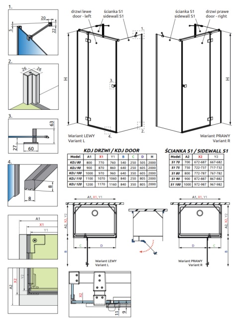 Radaway Essenza New Black KDJ+S drzwi prysznicowe 80 cm lewe czarny mat/szkło przezroczyste 1385021-54-01L