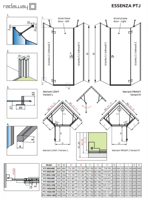 Radaway Essenza New Black PTJ drzwi prysznicowe 60 cm lewe czarny mat/szkło przezroczyste 1385010-54-01L
