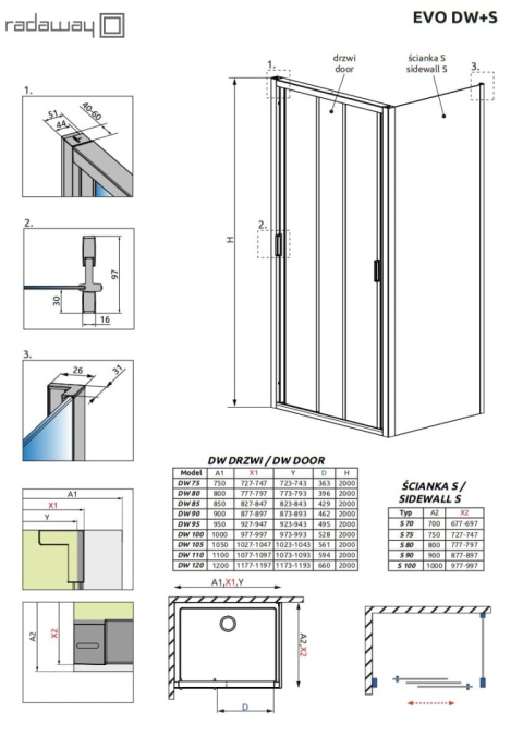 Radaway Evo DW+S drzwi prysznicowe 80 cm chrom/szkło przezroczyste 335080-01-01