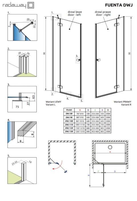 Radaway Fuenta Chrome DWJ drzwi prysznicowe 130 cm uchylne chrom połysk/szkło przezroczyste 1384017-01-01L