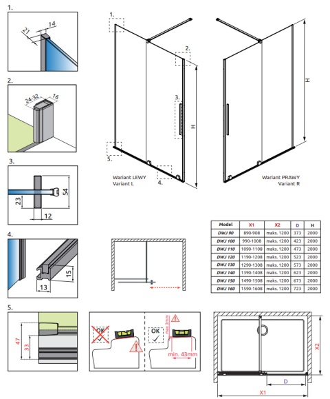 Radaway Furo Black DWJ drzwi prysznicowe 67,2 cm wnękowe lewe czarny mat/szkło przezroczyste 10107672-54-01L