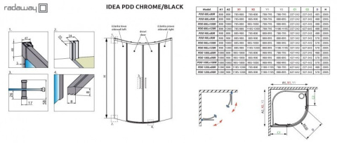 Radaway Idea PDD ścianki prysznicowe czarny/szkło przezroczyste 387150-54-01