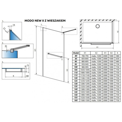 Radaway Modo New Black II Walk-In ścianka prysznicowa 120 cm z wieszakiem czarny mat/szkło przezroczyste 389124-54-01W