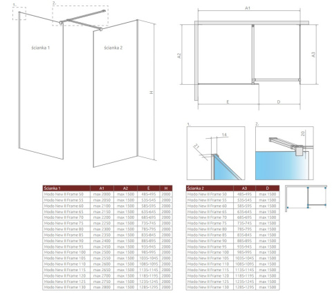 Radaway Modo New II Frame Black Walk-In ścianka 95 cm czarny mat/szkło frame 389095-54-56