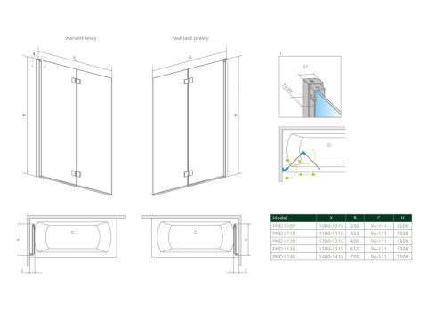 Radaway Nes Black PND I parawan nawannowy 110 cm prawy czarny mat/szkło przezroczyste 10010110-54-01R
