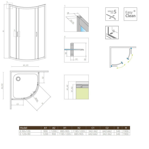 Radaway Premium Plus E 1900 kabina prysznicowa 120x90 cm półokrągła asymetryczna chrom/szkło grafitowe 30493-01-05N