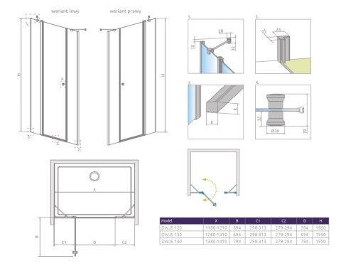 Radaway Eos DWJS drzwi prysznicowe 130 cm wnękowe lewe chrom/szkło przezroczyste 13799455-01L