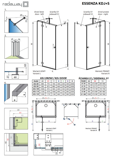 Radaway Essenza New Black KDJ+S drzwi prysznicowe 90 cm lewe czarny mat/szkło przezroczyste 385020-54-01L