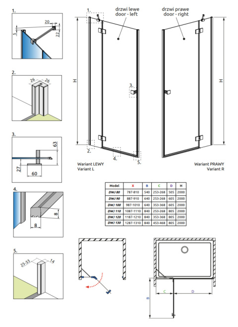Radaway Essenza New DWJ drzwi prysznicowe 90 cm lewe chrom/szkło przezroczyste 1385013-01-01L